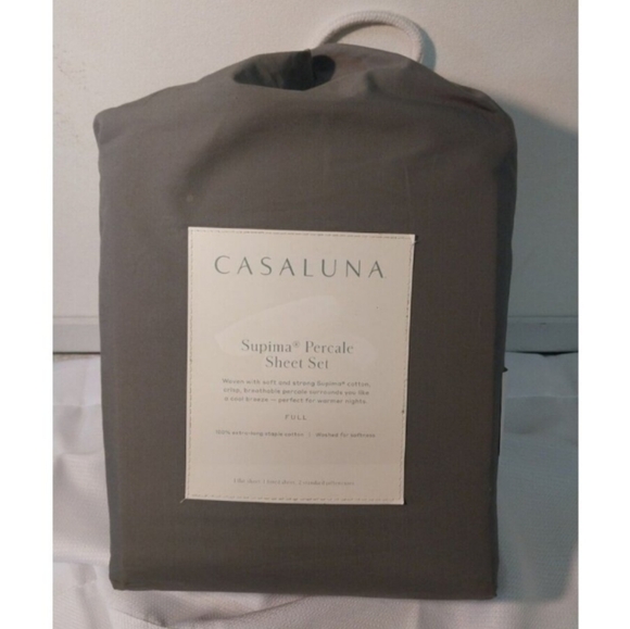 Casaluna Supima Cotton Percale Dark Gray Grey  Color Full Sheet Set NWT - Picture 2 of 11